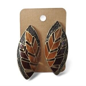 Vintage Textured Leaf Earrings Mid-Century Modern Statement Earth Tones Artisan